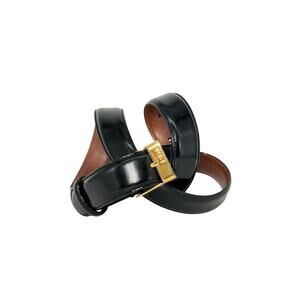 Vintage Ralph Lauren Black Leather Belt Gold RL Plaque Heritage Equestrian Chic